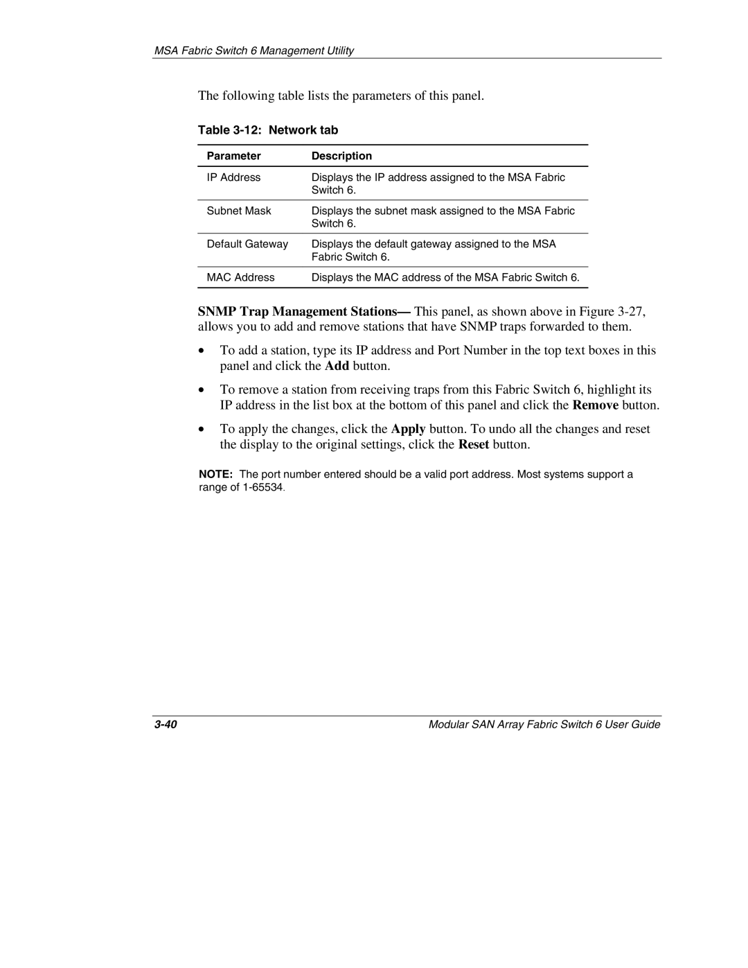 Compaq 230934-002, Switch 6 manual Following table lists the parameters of this panel, Network tab 