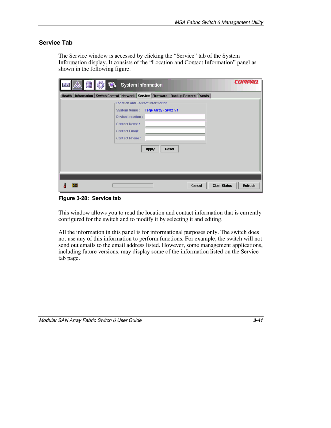 Compaq Switch 6, 230934-002 manual Service Tab, Service tab 