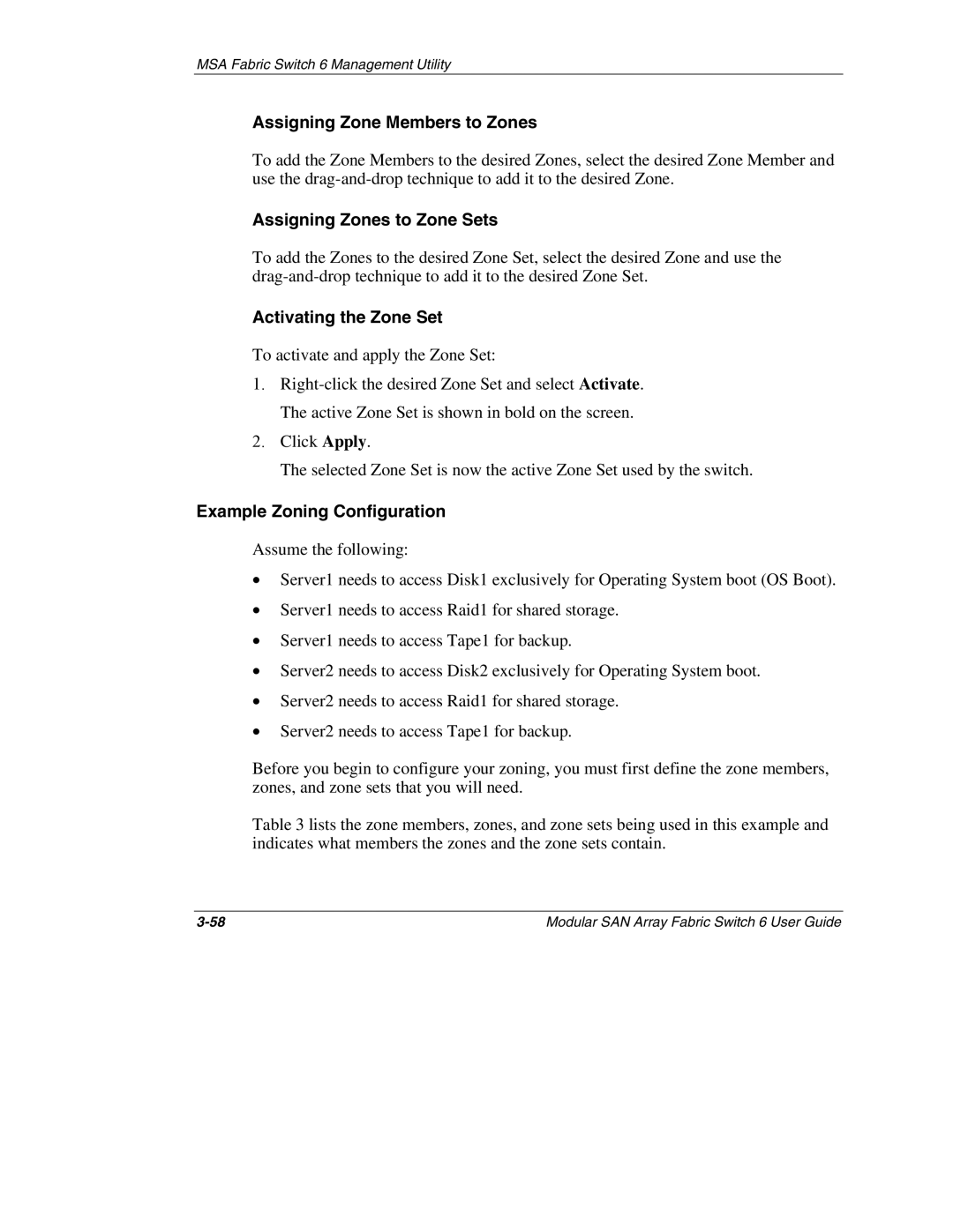 Compaq 230934-002, Switch 6 manual Assigning Zone Members to Zones, Assigning Zones to Zone Sets, Activating the Zone Set 