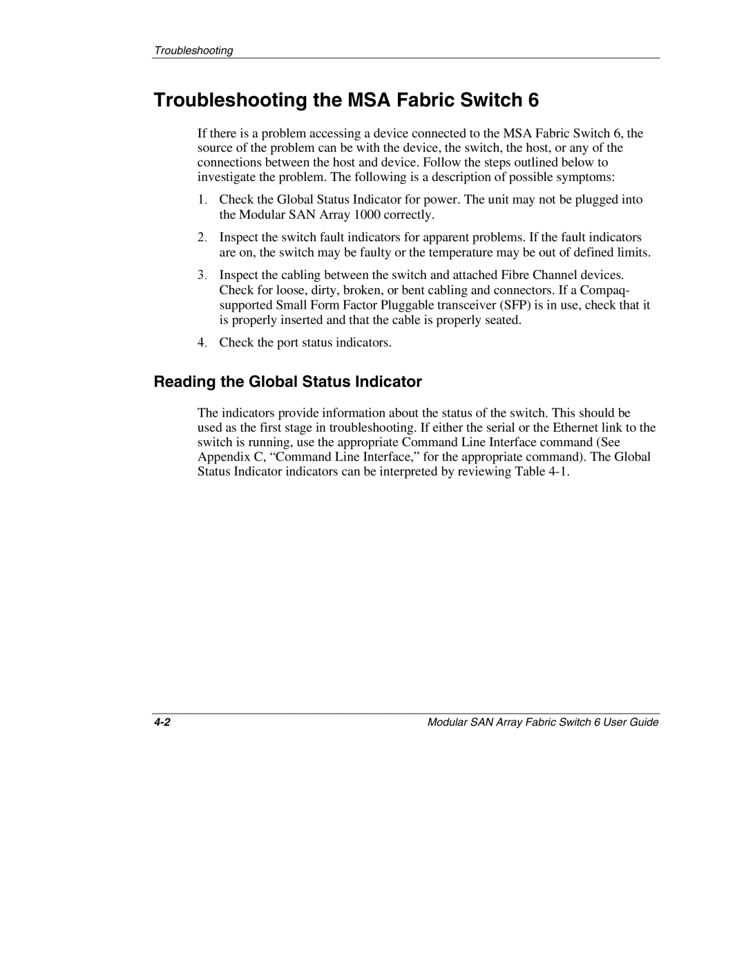 Compaq Switch 6, 230934-002 manual Troubleshooting the MSA Fabric Switch, Reading the Global Status Indicator 