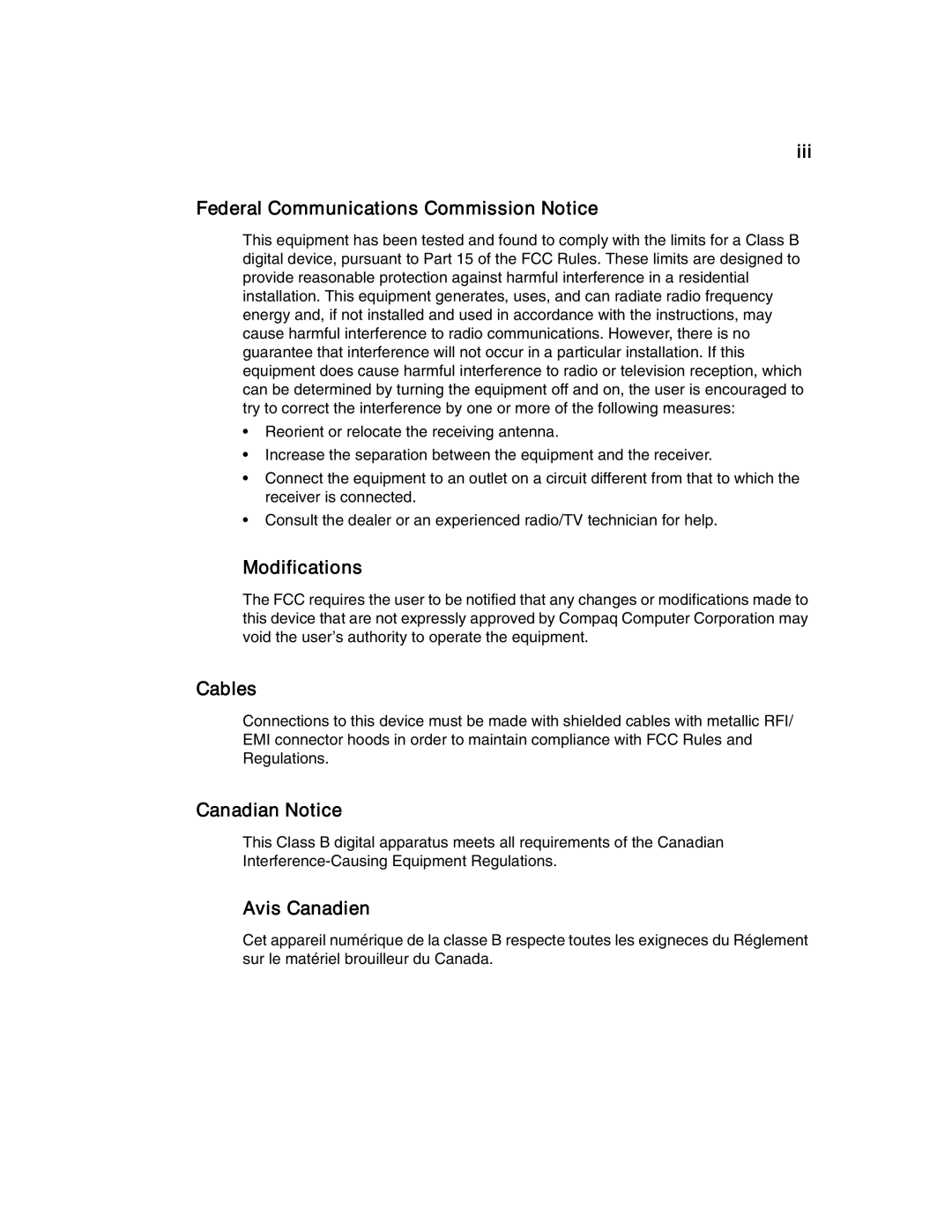 Compaq T1500 manual Iii Federal Communications Commission Notice, Modifications, Cables, Canadian Notice, Avis Canadien 