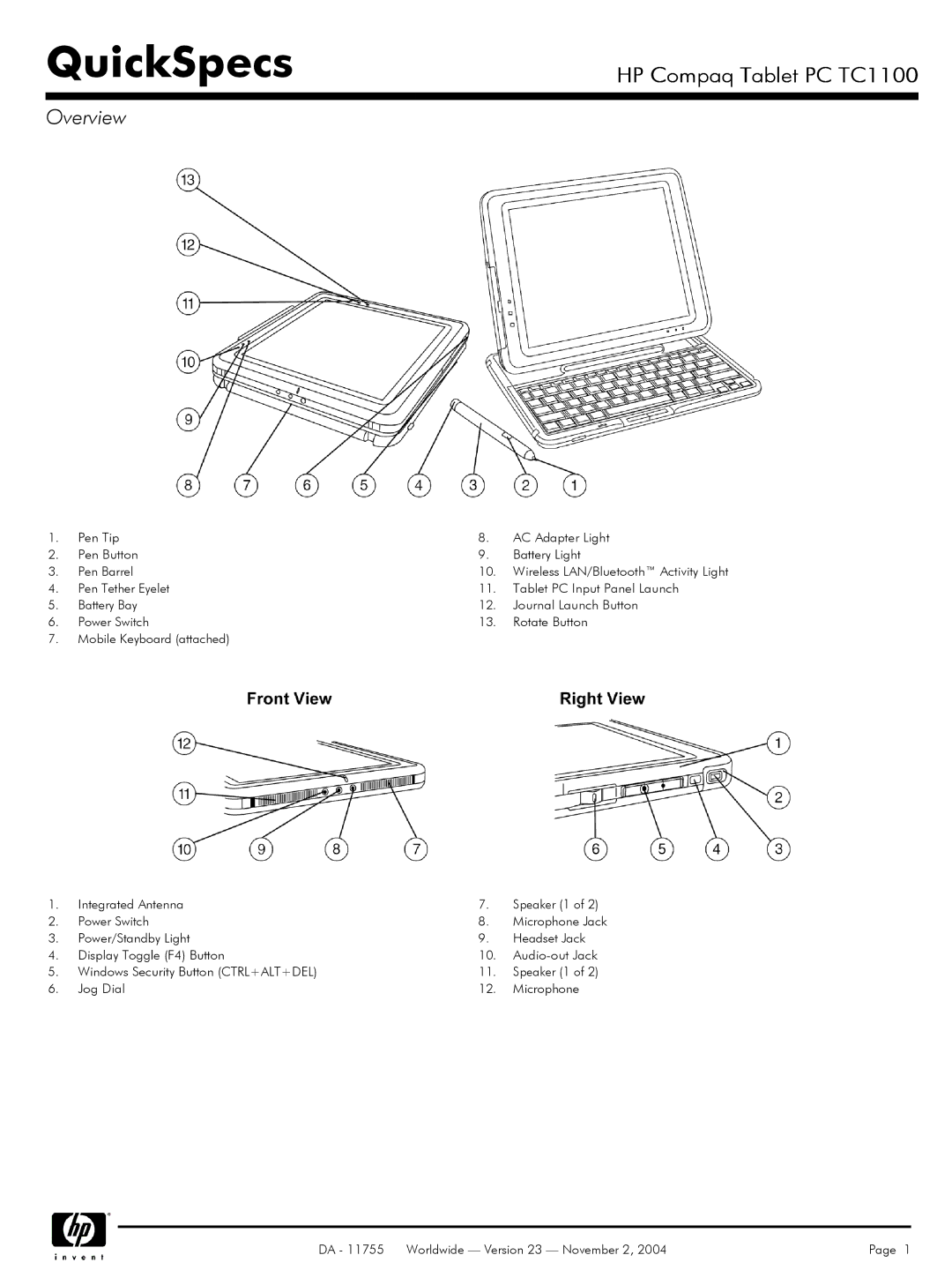 Compaq TC1 100 manual QuickSpecs, Overview 