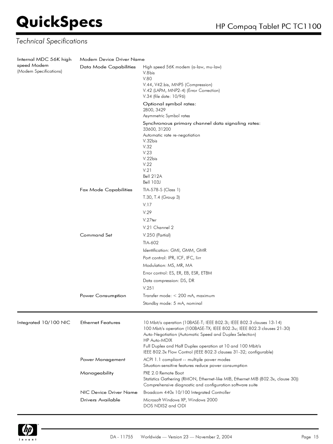 Compaq TC1 100 Internal MDC 56K high speed Modem, Modem Device Driver Name, Optional symbol rates, Fax Mode Capabilities 