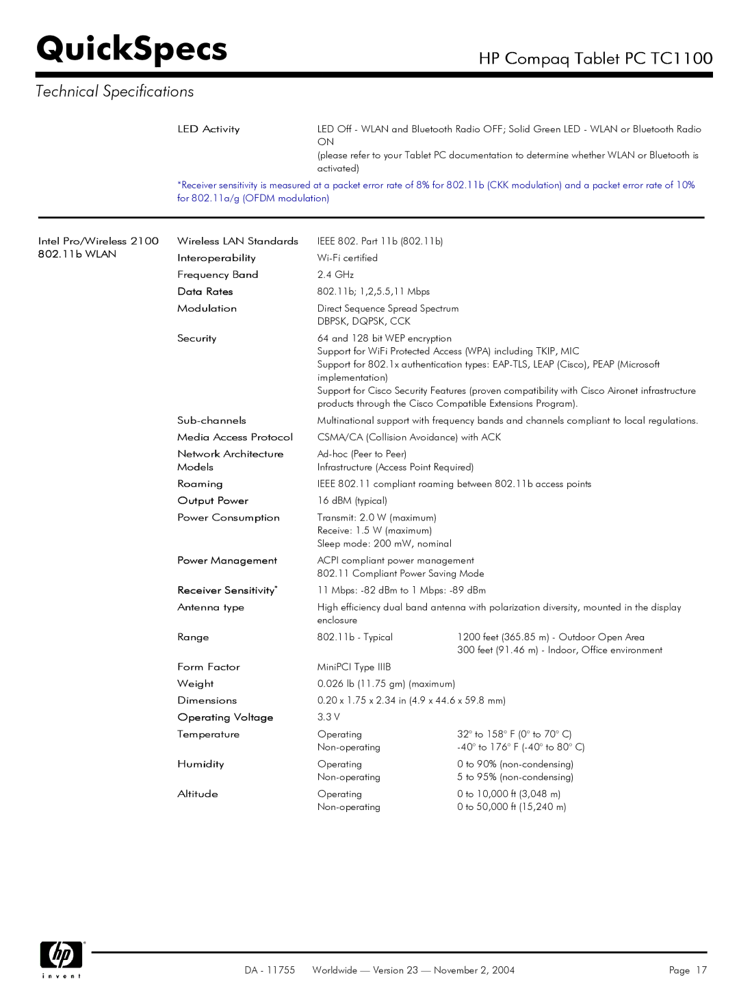 Compaq TC1 100 manual LED Activity, Intel Pro/Wireless 2100 802.11b Wlan Wireless LAN Standards 