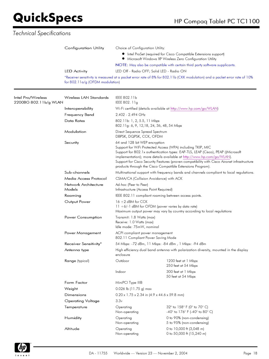 Compaq TC1 100 manual Intel Pro/Wireless Wireless LAN Standards, 2200BG 802.11b/g Wlan, Interoperability Frequency Band 