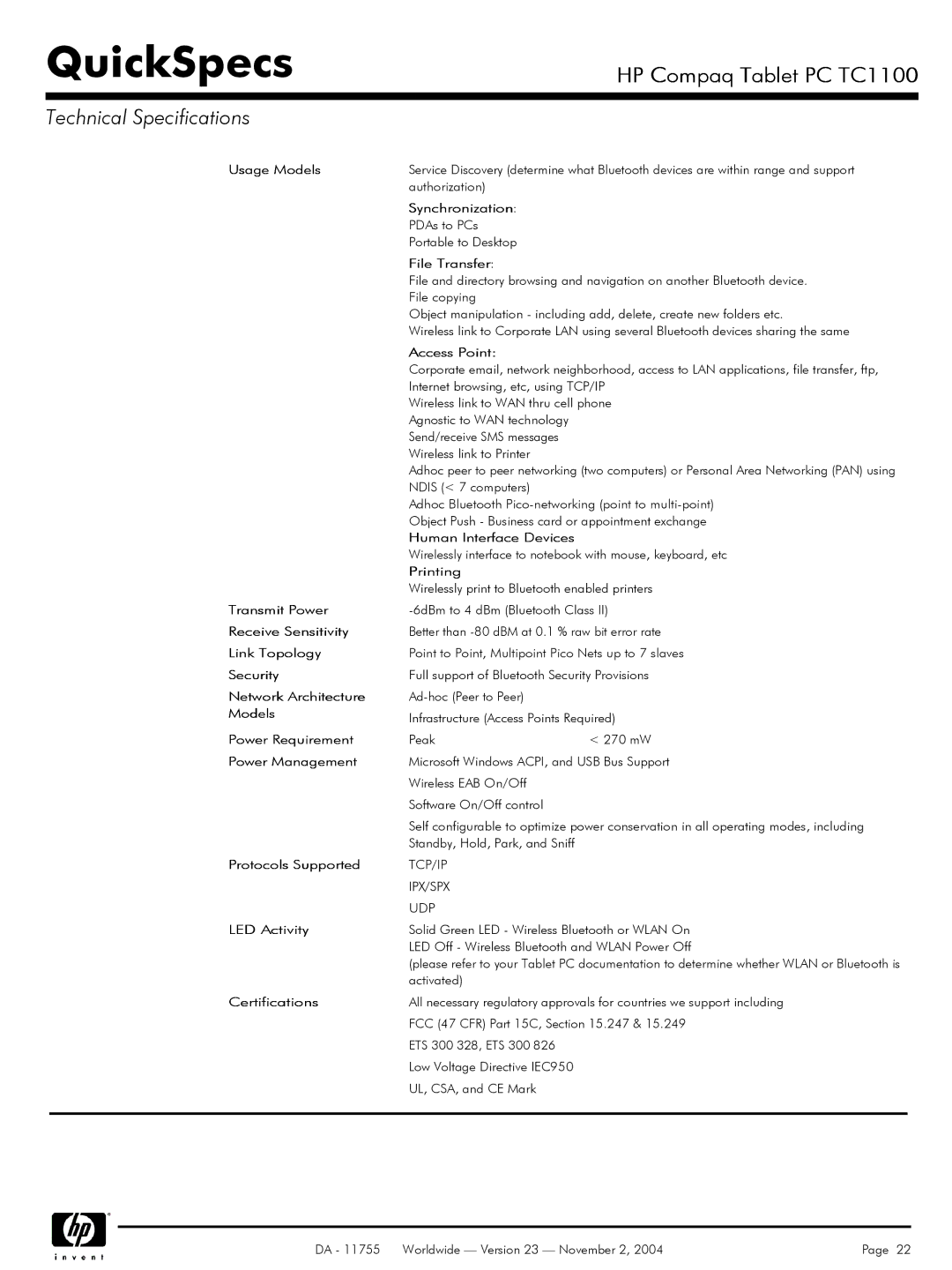 Compaq TC1 100 manual Usage Models, Synchronization, File Transfer, Access Point, Human Interface Devices, Printing 