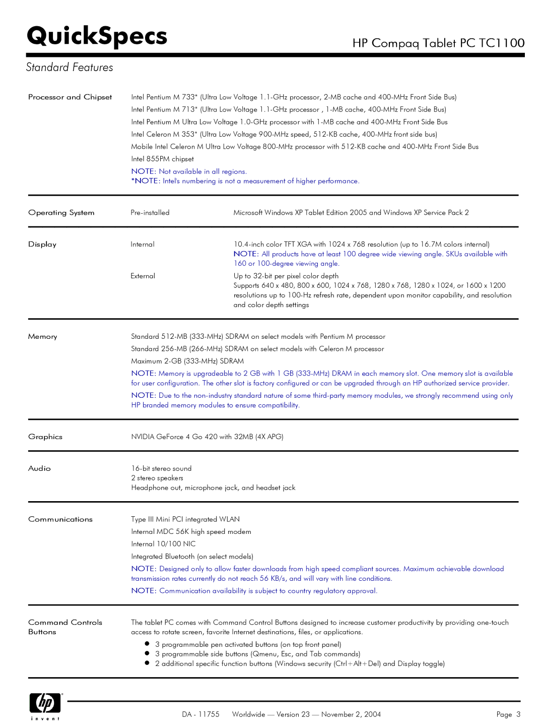 Compaq TC1 100 manual Standard Features 