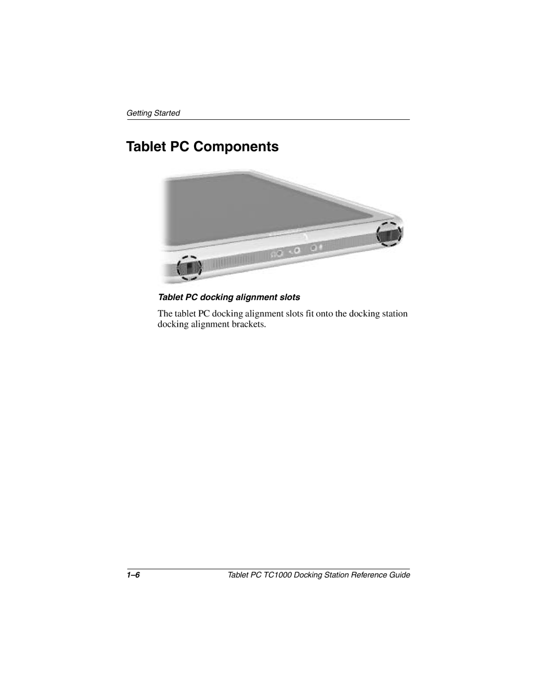 Compaq TC1000 manual Tablet PC Components, Tablet PC docking alignment slots 