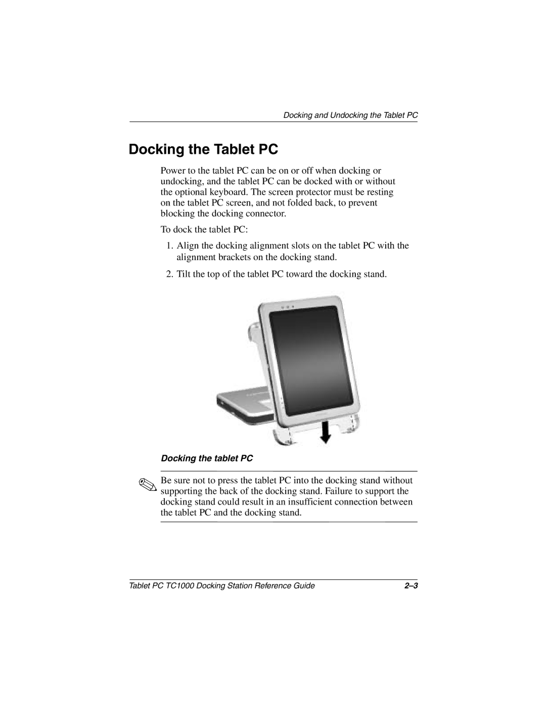 Compaq TC1000 manual Docking the Tablet PC, Docking the tablet PC 