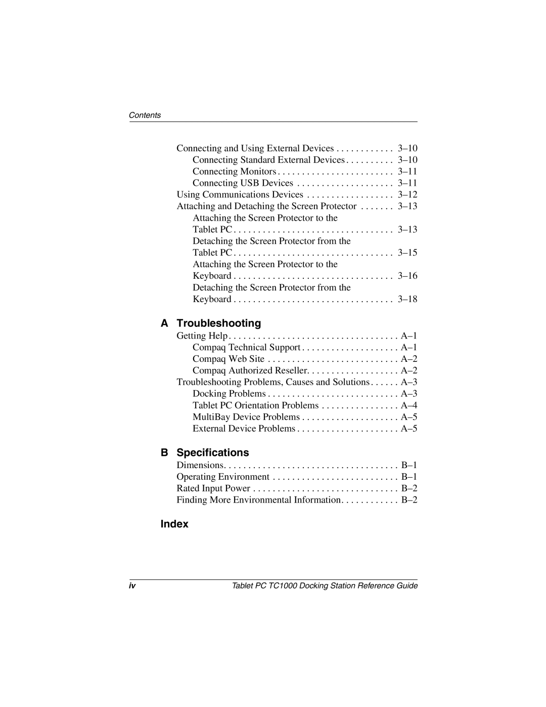 Compaq TC1000 manual Index 