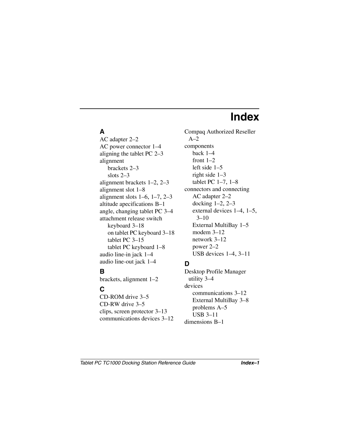 Compaq TC1000 manual Index 