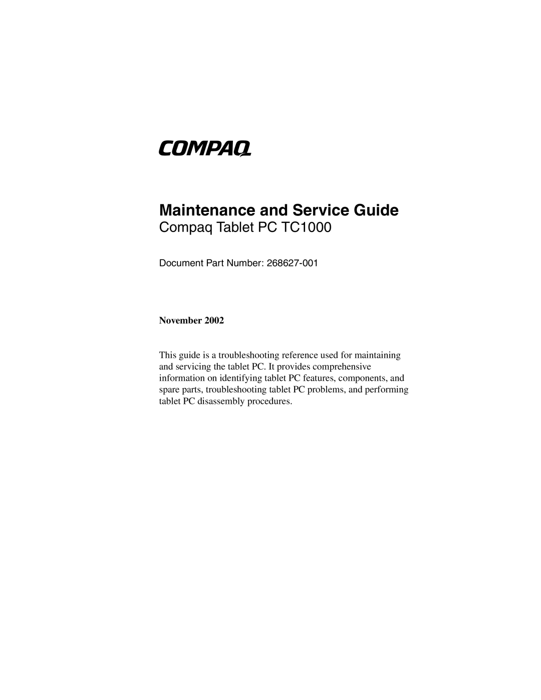 Compaq TC1000 manual Maintenance and Service Guide 