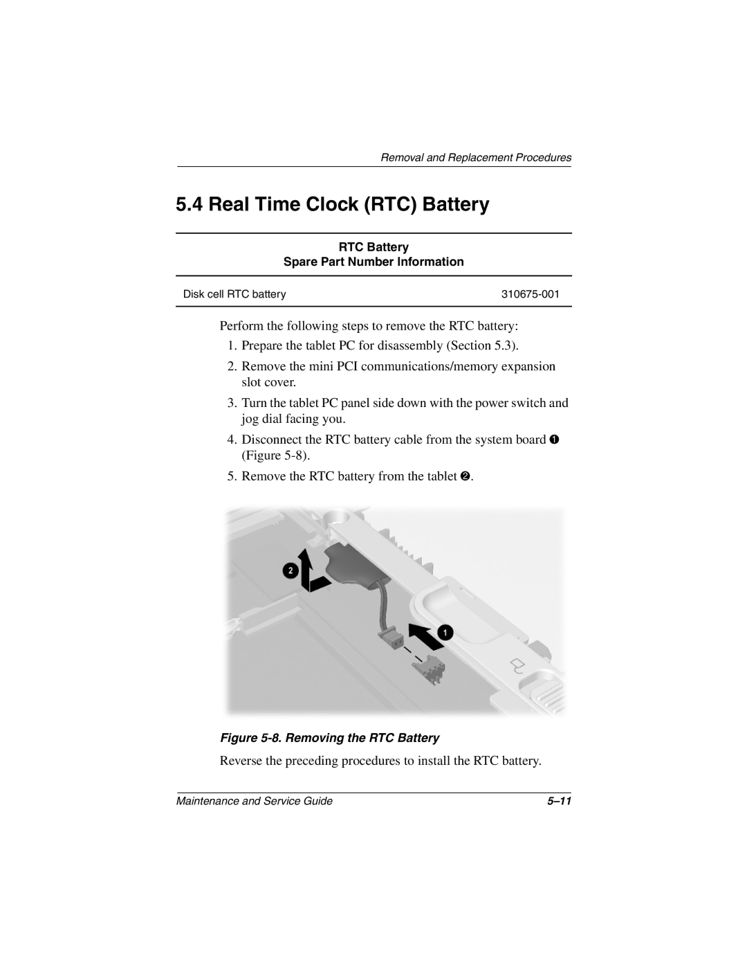 Compaq TC1000 manual Real Time Clock RTC Battery, RTC Battery Spare Part Number Information 