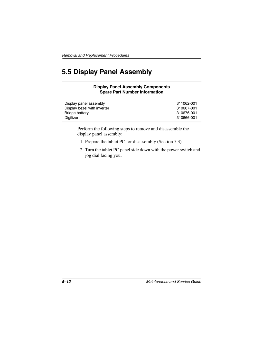 Compaq TC1000 manual Display Panel Assembly 