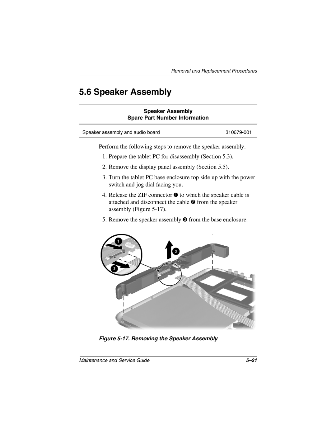 Compaq TC1000 manual Speaker Assembly Spare Part Number Information 