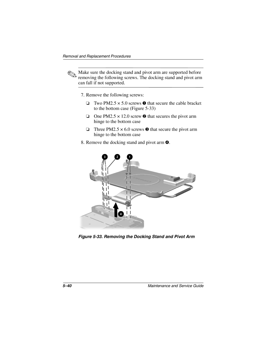 Compaq TC1000 manual Removing the Docking Stand and Pivot Arm 