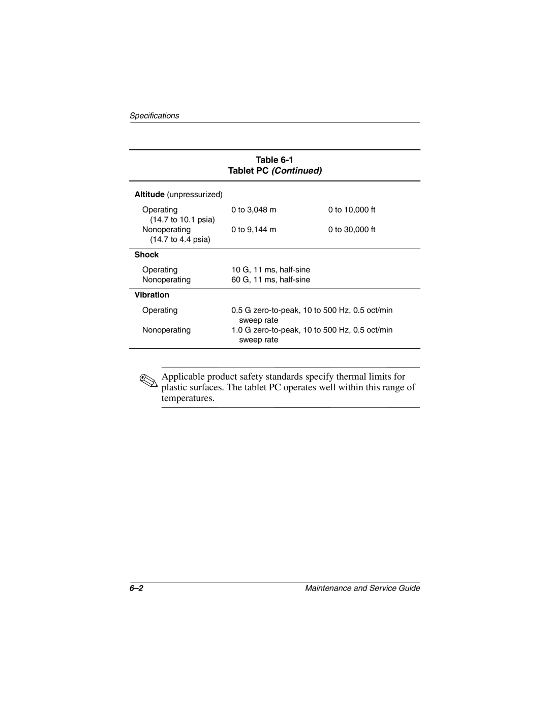 Compaq TC1000 manual Shock, Vibration 