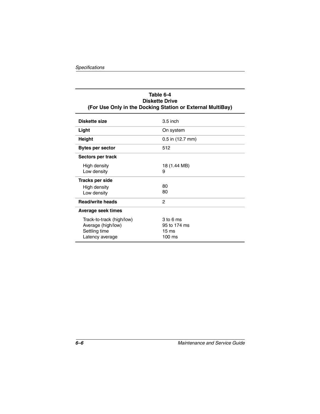 Compaq TC1000 manual Diskette size, Light, Height, Bytes per sector, Sectors per track, Tracks per side 