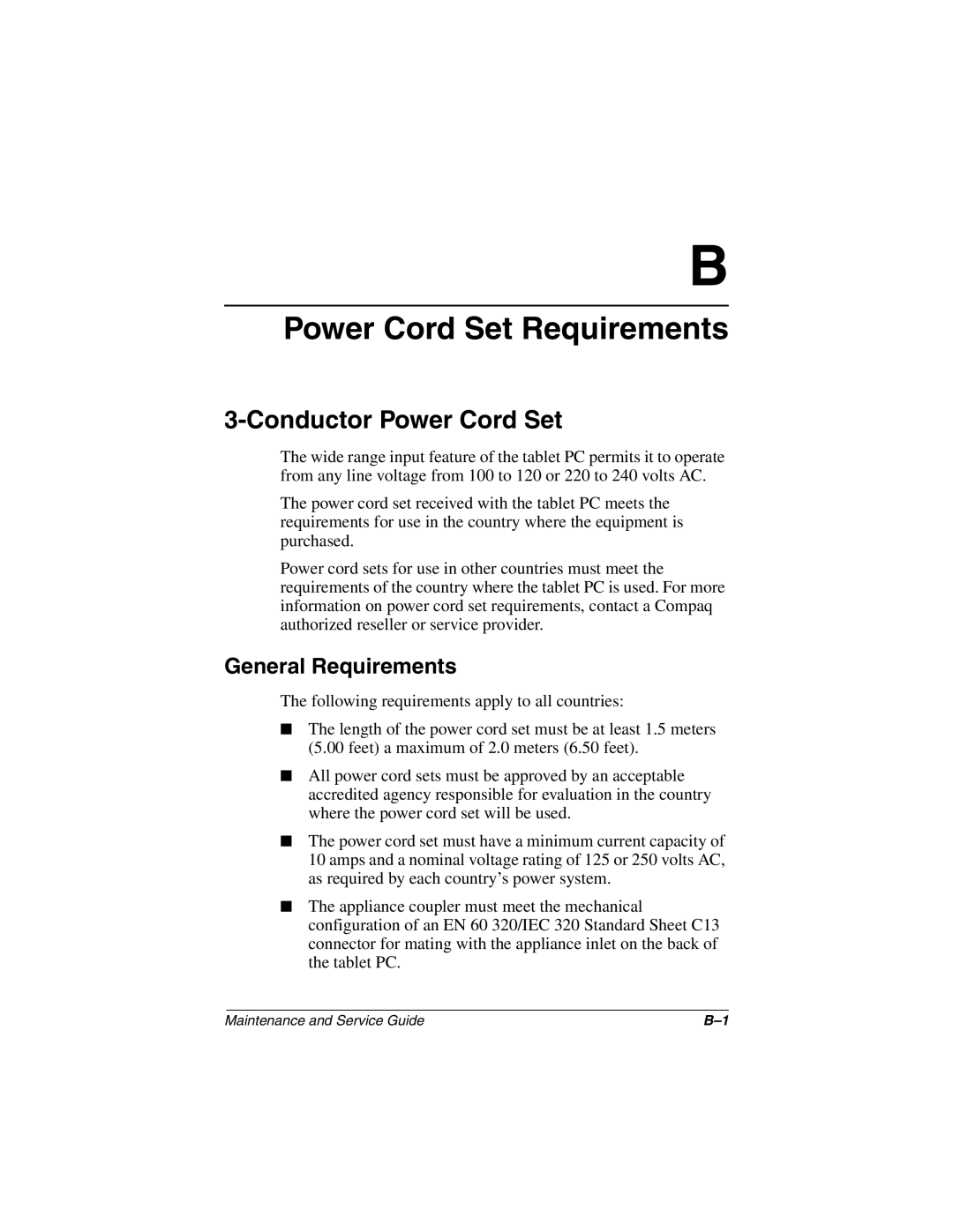 Compaq TC1000 manual Power Cord Set Requirements, Conductor Power Cord Set 