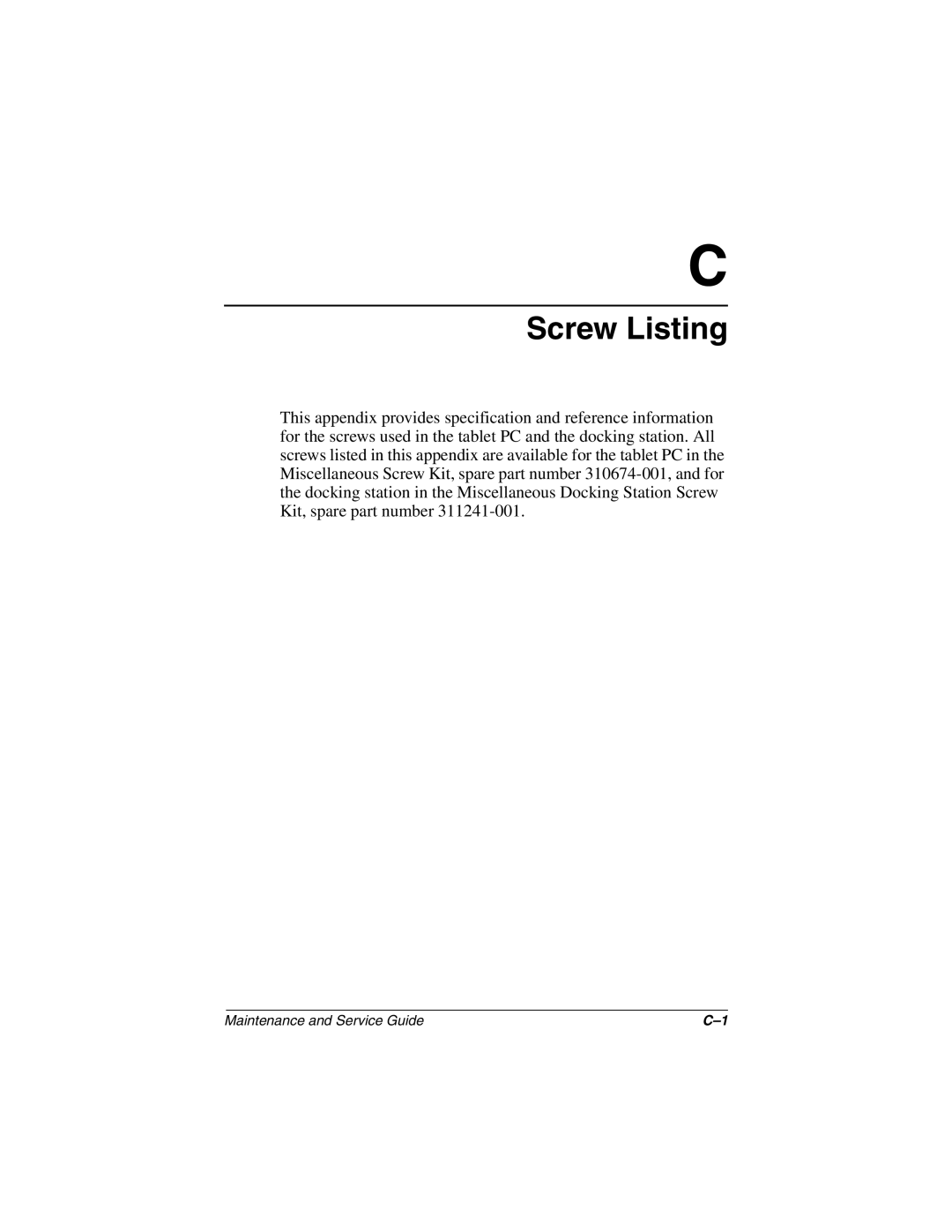 Compaq TC1000 manual Screw Listing 