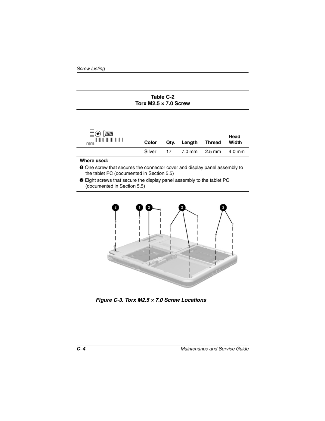 Compaq TC1000 manual Table C-2 Torx M2.5 × 7.0 Screw, Figure C-3. Torx M2.5 × 7.0 Screw Locations 