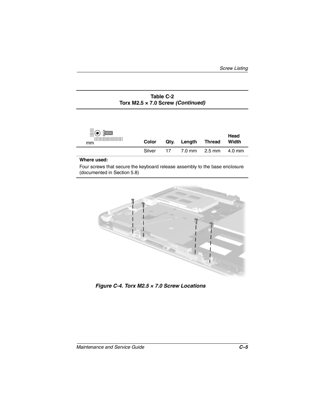 Compaq TC1000 manual Figure C-4. Torx M2.5 × 7.0 Screw Locations 