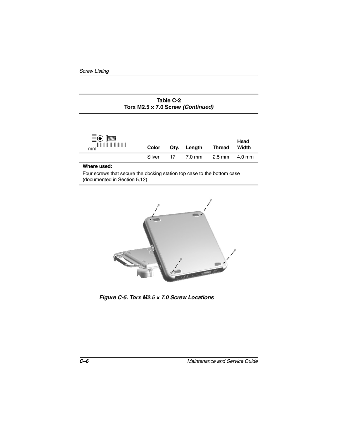 Compaq TC1000 manual Figure C-5. Torx M2.5 × 7.0 Screw Locations 