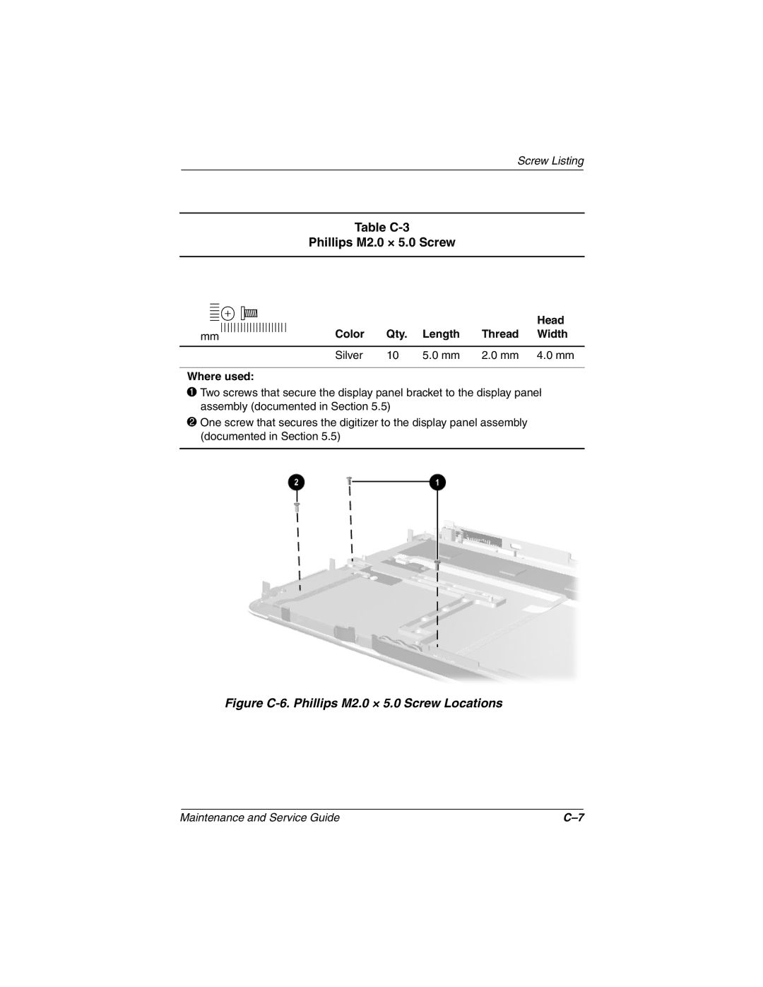 Compaq TC1000 manual Table C-3 Phillips M2.0 × 5.0 Screw, Figure C-6. Phillips M2.0 × 5.0 Screw Locations 