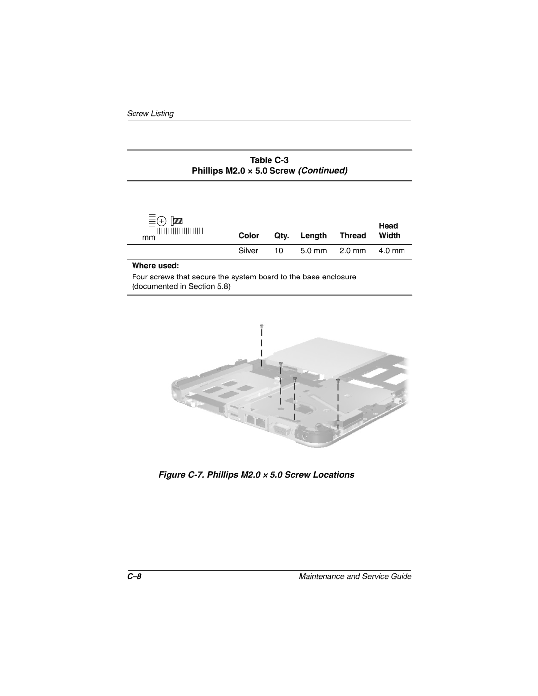 Compaq TC1000 manual Figure C-7. Phillips M2.0 × 5.0 Screw Locations 