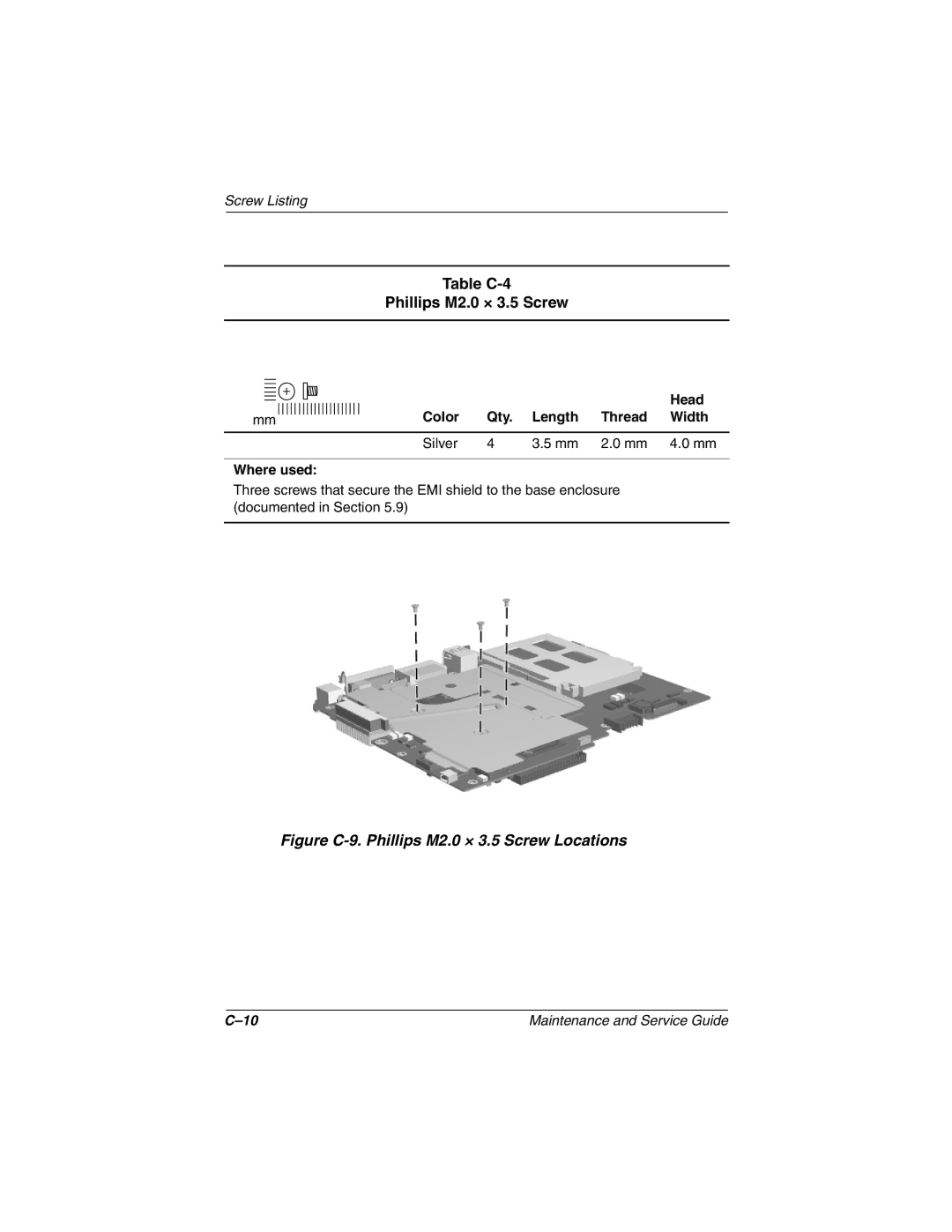 Compaq TC1000 manual Table C-4 Phillips M2.0 × 3.5 Screw, Figure C-9. Phillips M2.0 × 3.5 Screw Locations 