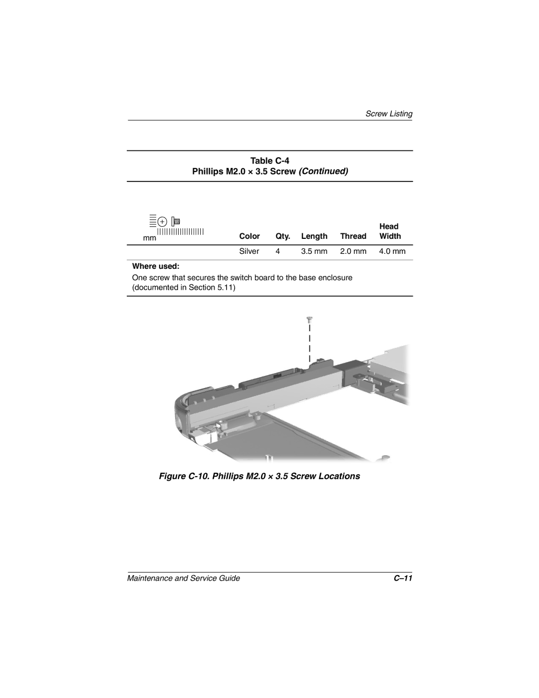 Compaq TC1000 manual Figure C-10. Phillips M2.0 × 3.5 Screw Locations 