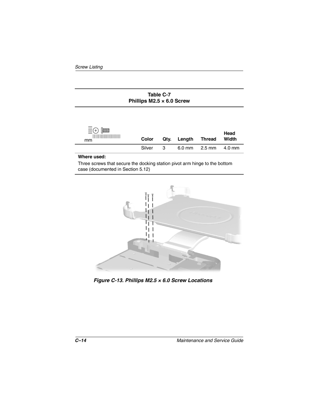 Compaq TC1000 manual Table C-7 Phillips M2.5 × 6.0 Screw, Figure C-13. Phillips M2.5 × 6.0 Screw Locations 