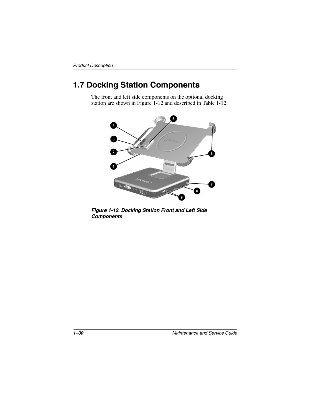 Compaq TC1000 manual Docking Station Components, Docking Station Front and Left Side Components 