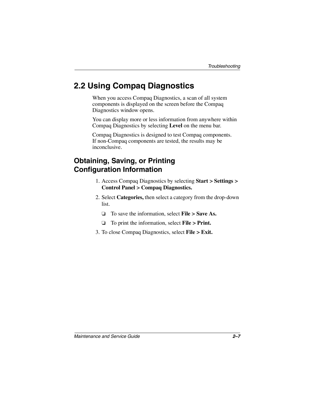 Compaq TC1000 manual Using Compaq Diagnostics, Obtaining, Saving, or Printing Configuration Information 