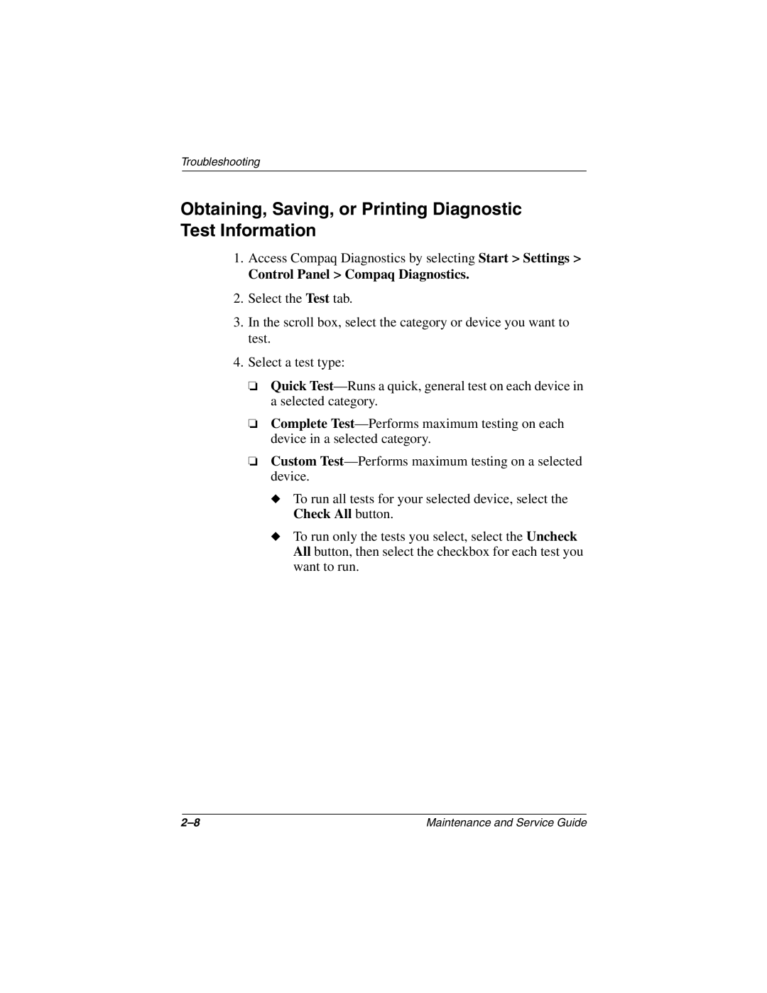 Compaq TC1000 manual Obtaining, Saving, or Printing Diagnostic Test Information 