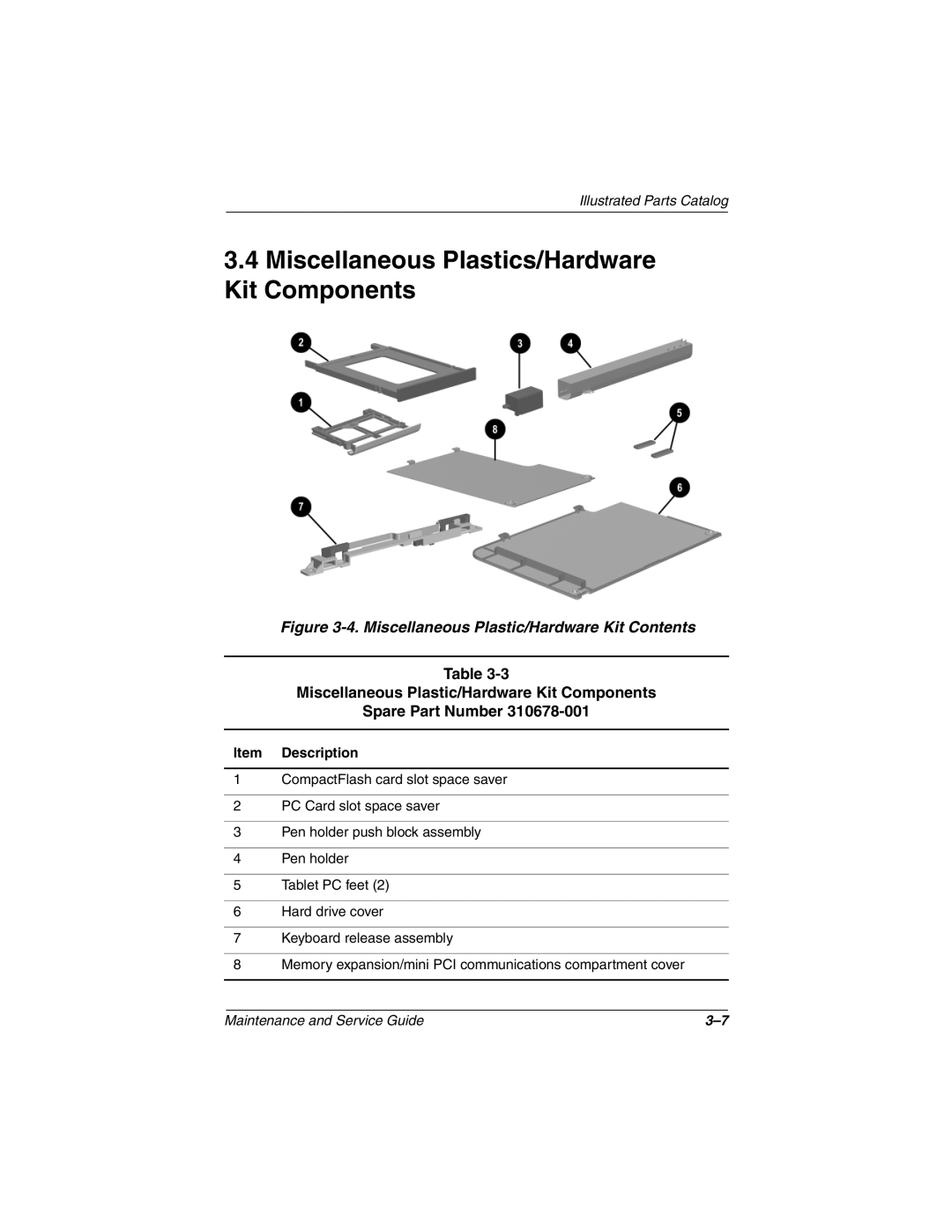 Compaq TC1000 manual Miscellaneous Plastics/Hardware Kit Components, Miscellaneous Plastic/Hardware Kit Contents 