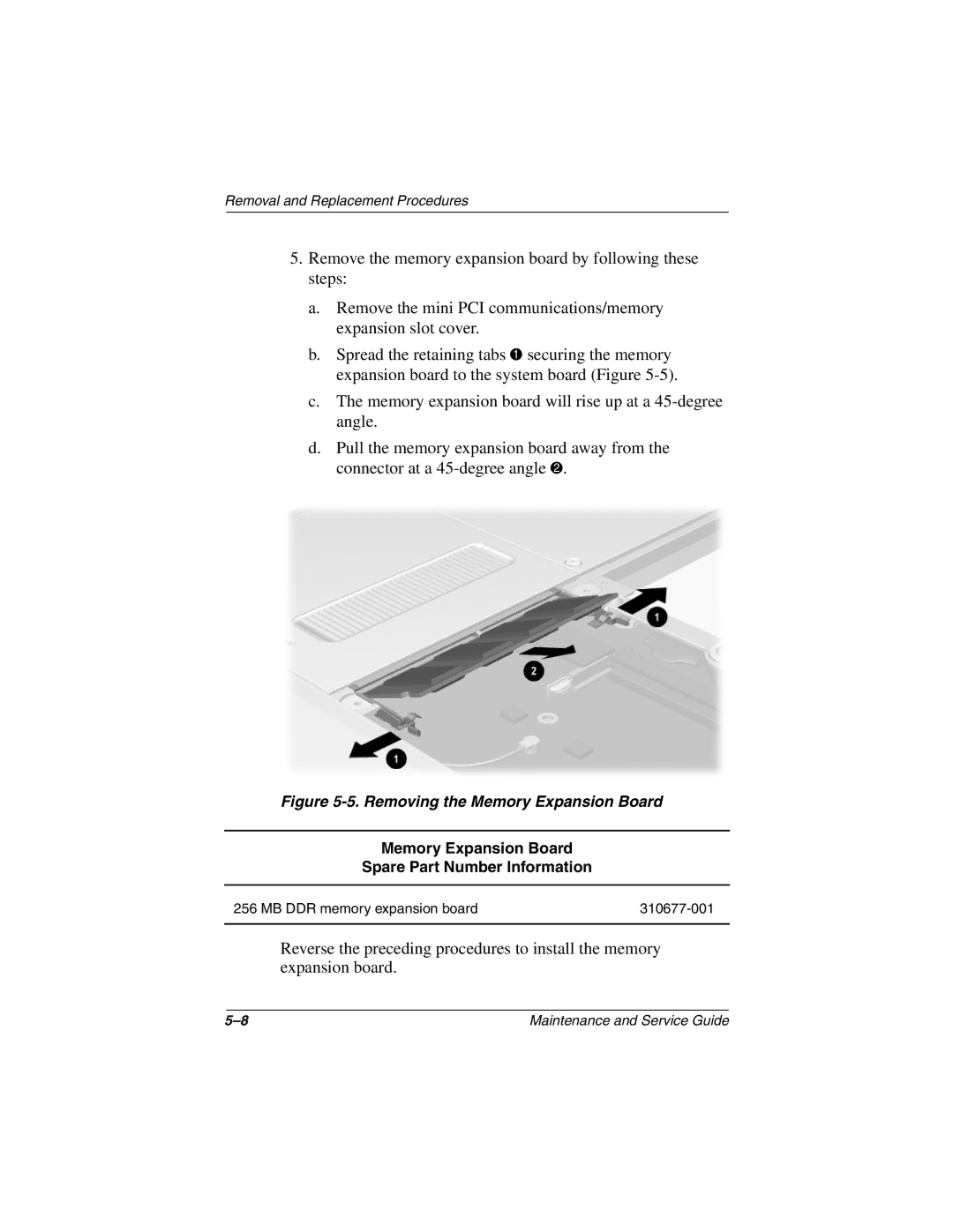 Compaq TC1000 manual Removing the Memory Expansion Board, Memory Expansion Board Spare Part Number Information 