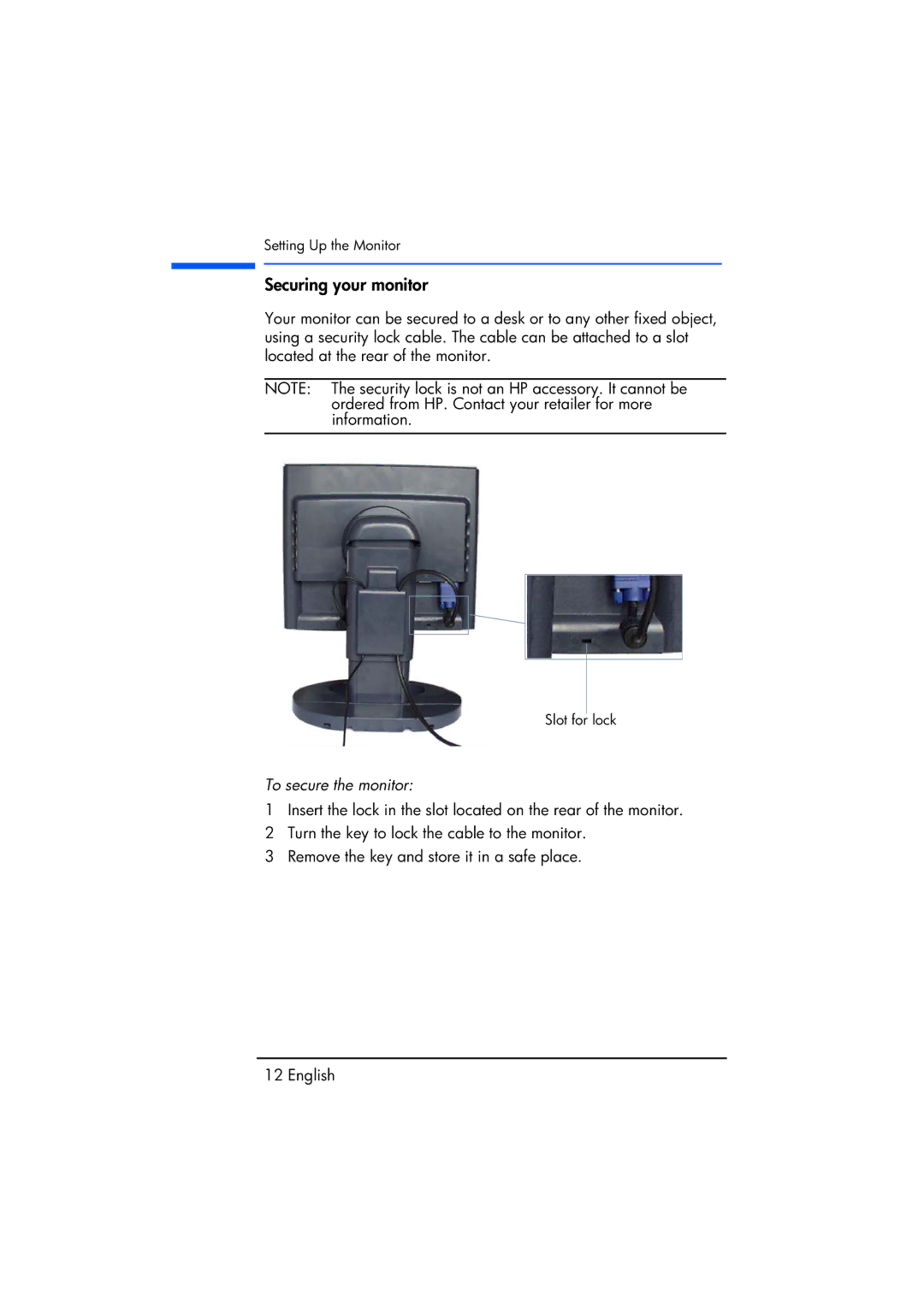 Compaq TFT1720 manual Securing your monitor, To secure the monitor 