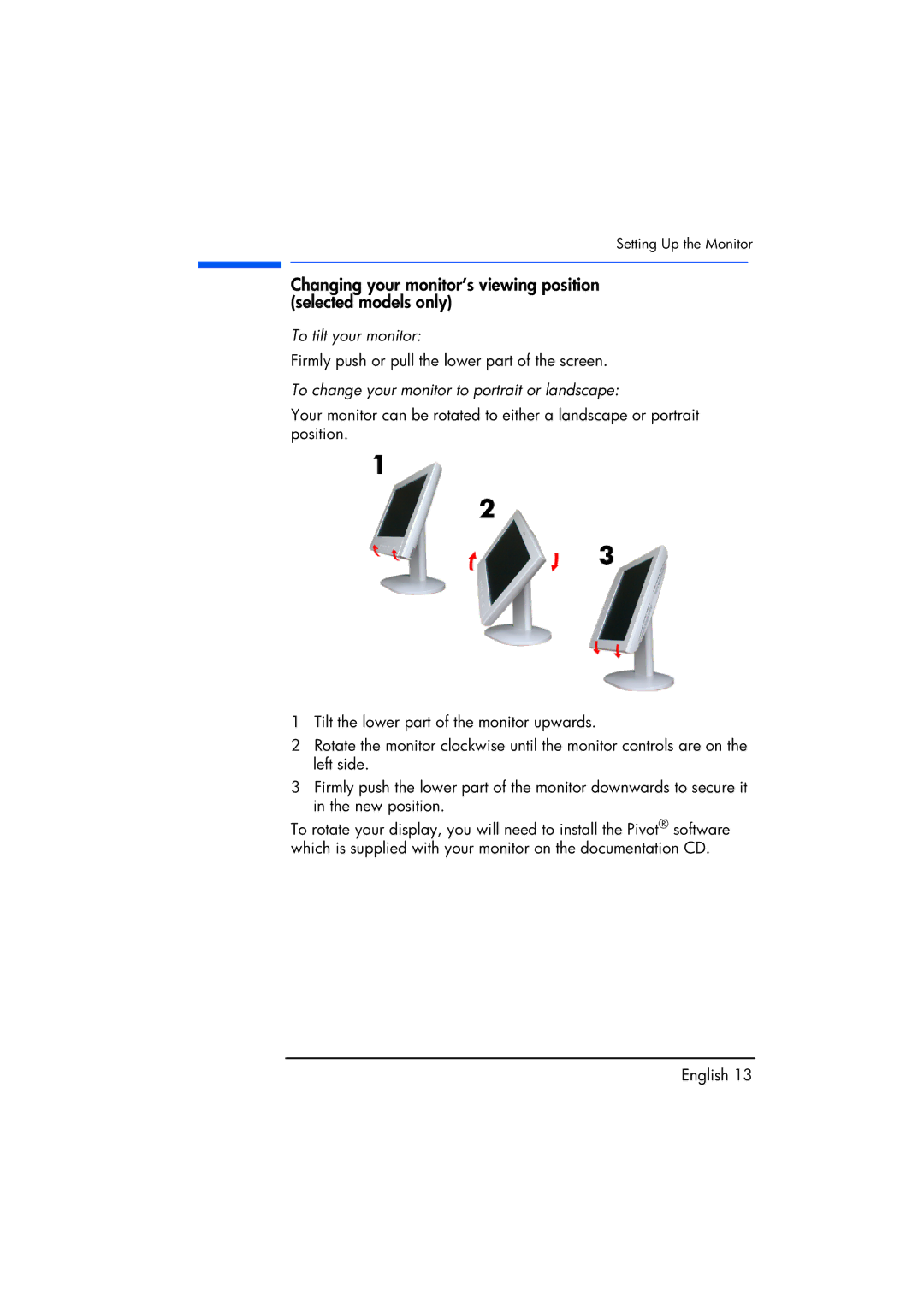 Compaq TFT1720 manual To tilt your monitor, To change your monitor to portrait or landscape 