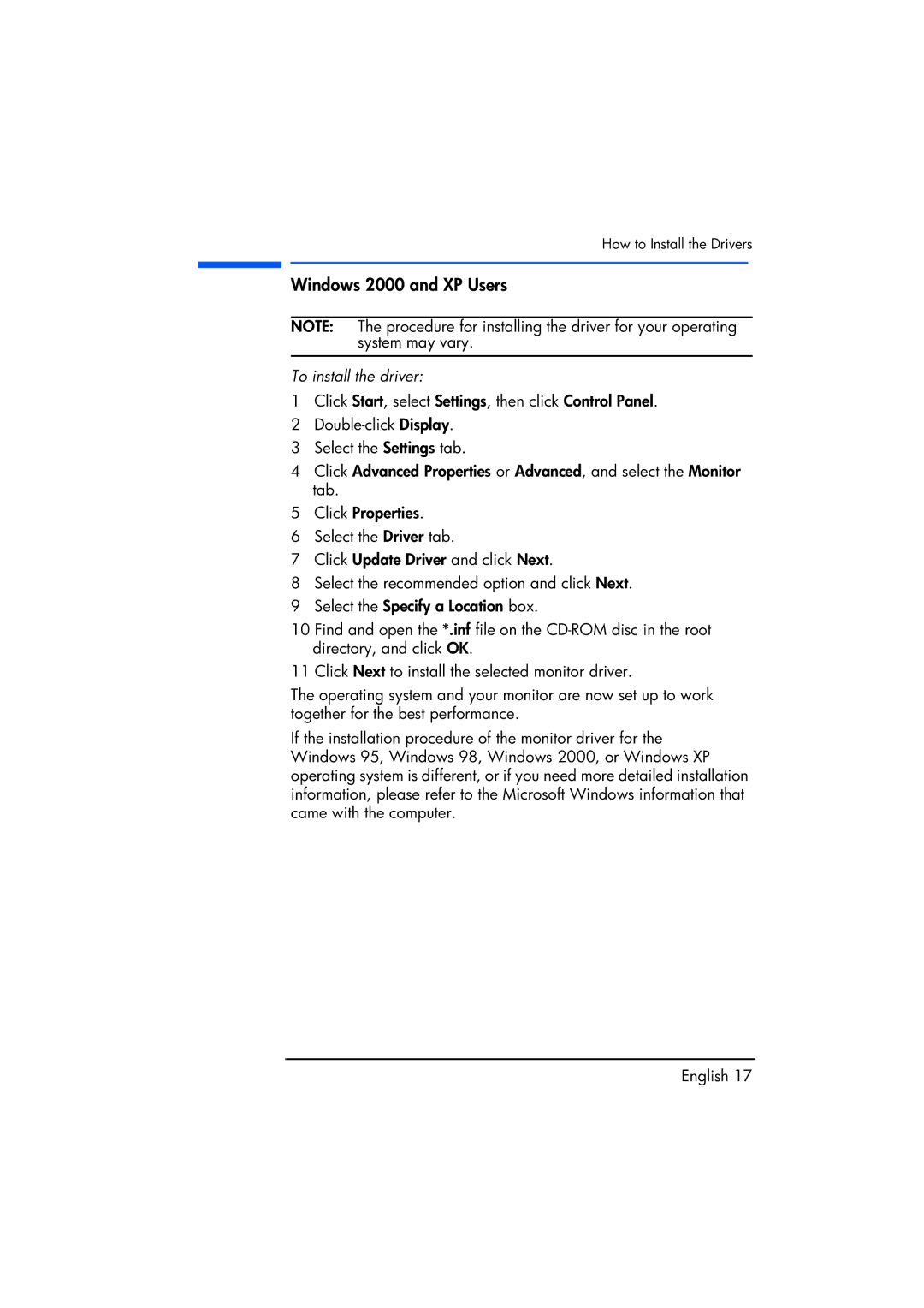 Compaq TFT1720 manual Windows 2000 and XP Users, To install the driver 