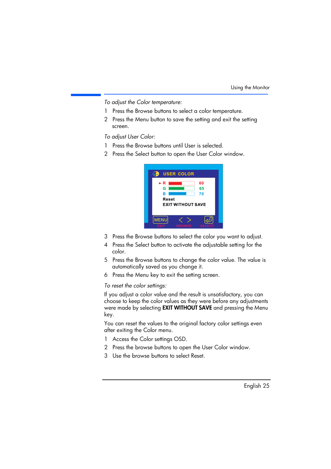 Compaq TFT1720 manual To adjust the Color temperature, To adjust User Color, To reset the color settings 