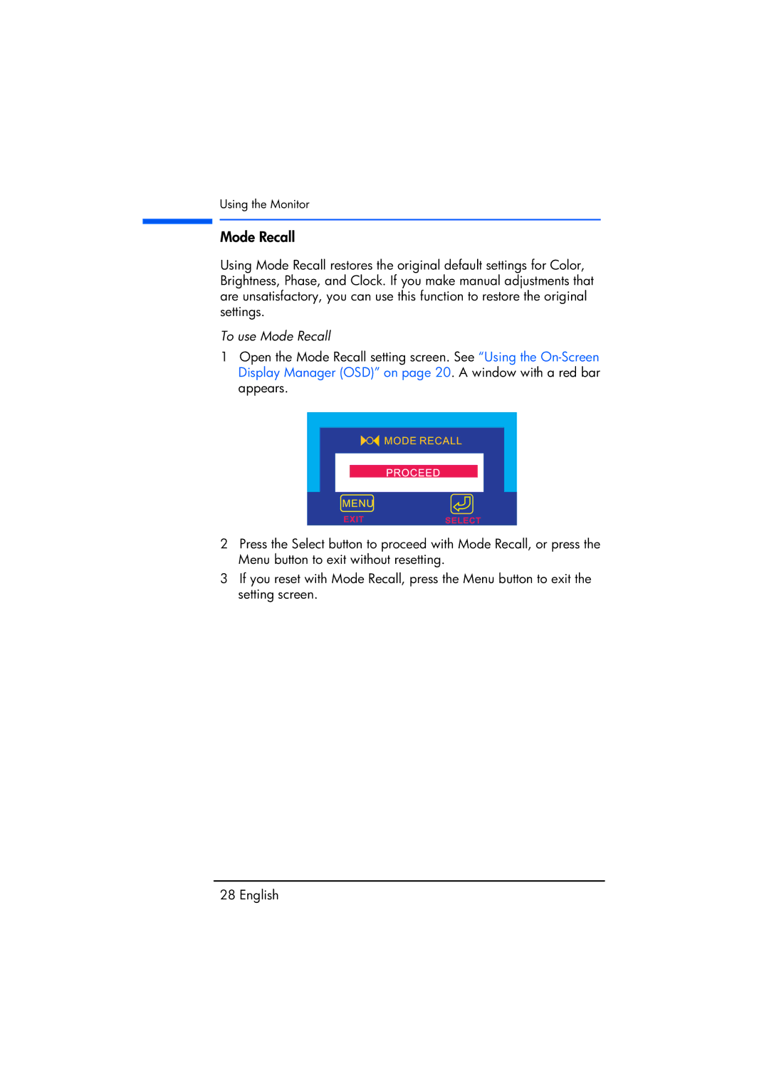 Compaq TFT1720 manual To use Mode Recall 