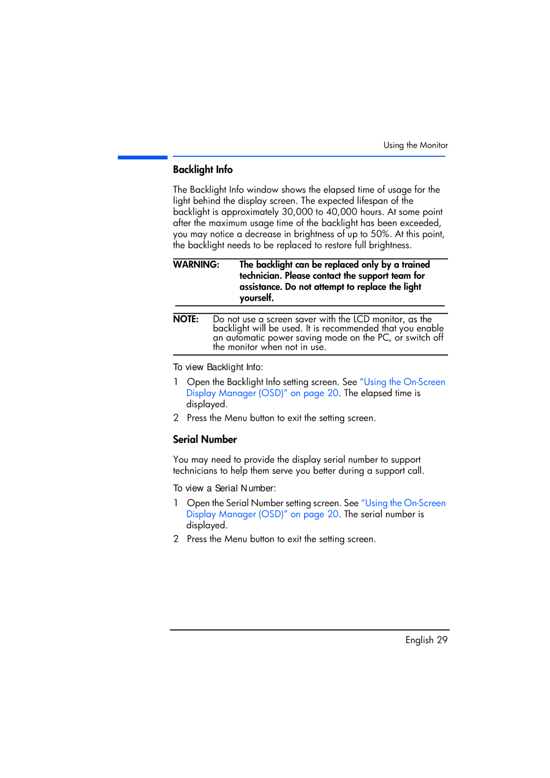 Compaq TFT1720 manual To view Backlight Info, To view a Serial Number 