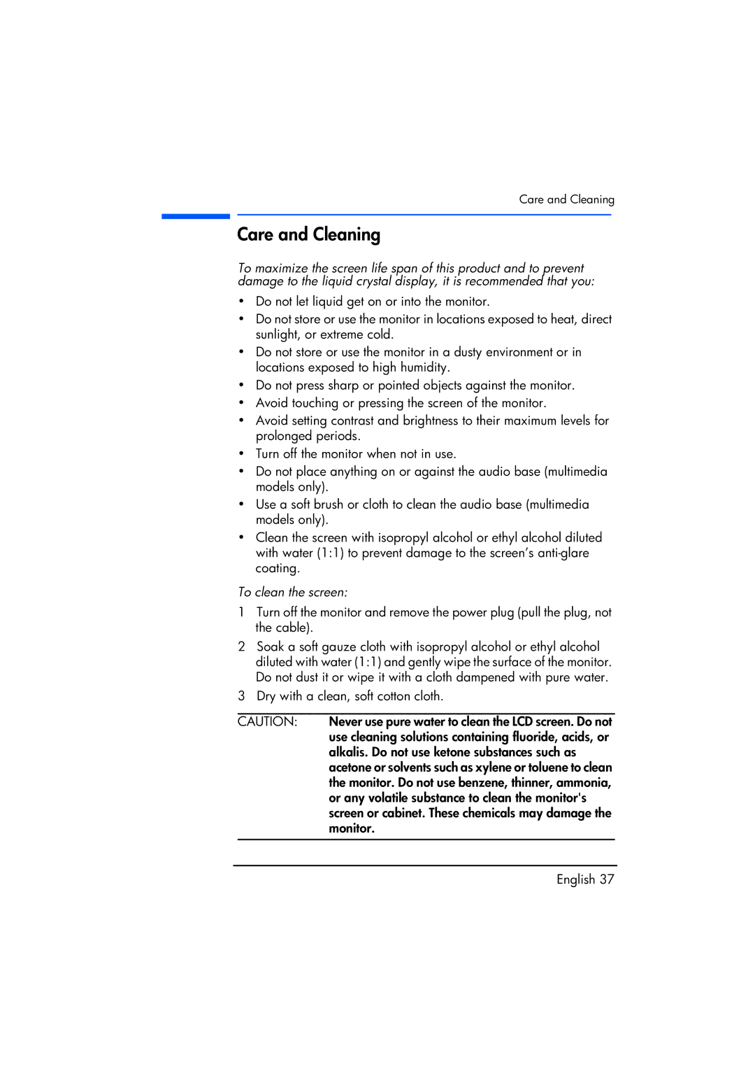 Compaq TFT1720 manual Care and Cleaning, To clean the screen 