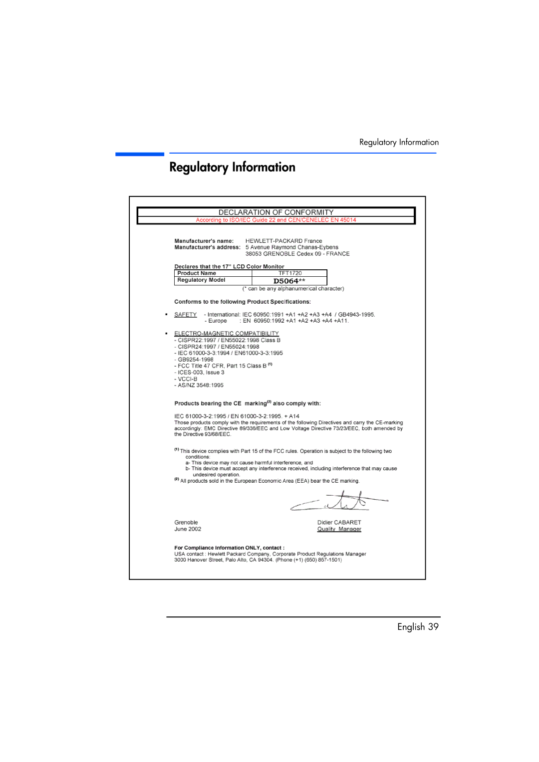 Compaq TFT1720 manual Regulatory Information 