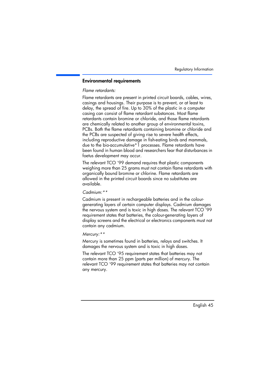 Compaq TFT1720 manual Environmental requirements, Flame retardants, Cadmium, Mercury 