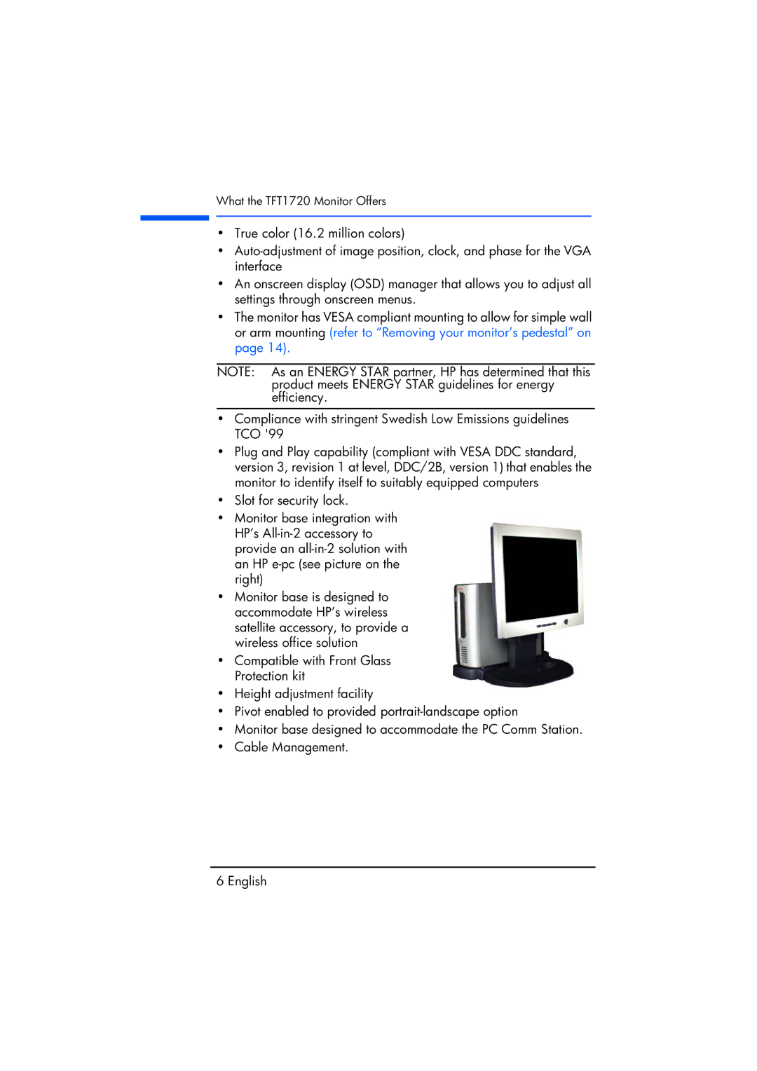 Compaq manual What the TFT1720 Monitor Offers 