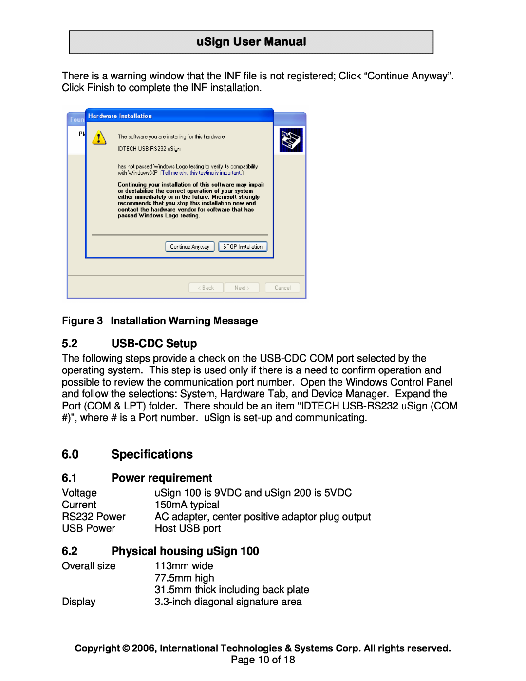 Compaq uSign 200 Specifications, USB-CDC Setup, Power requirement, Physical housing uSign, Installation Warning Message 