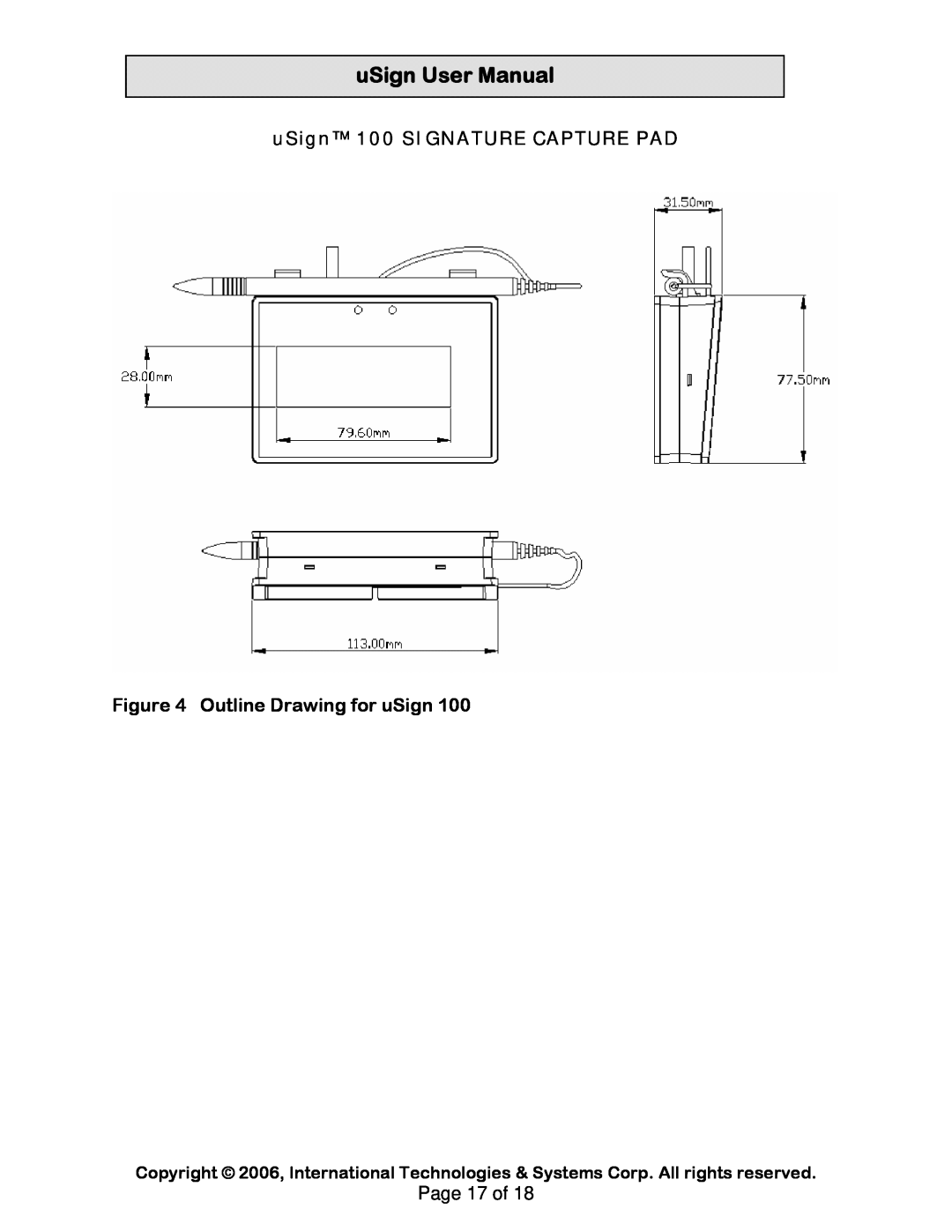 Compaq uSign 200 user manual uSign 100 SIGNATURE CAPTURE PAD, Outline Drawing for uSign, uSignUserManual 