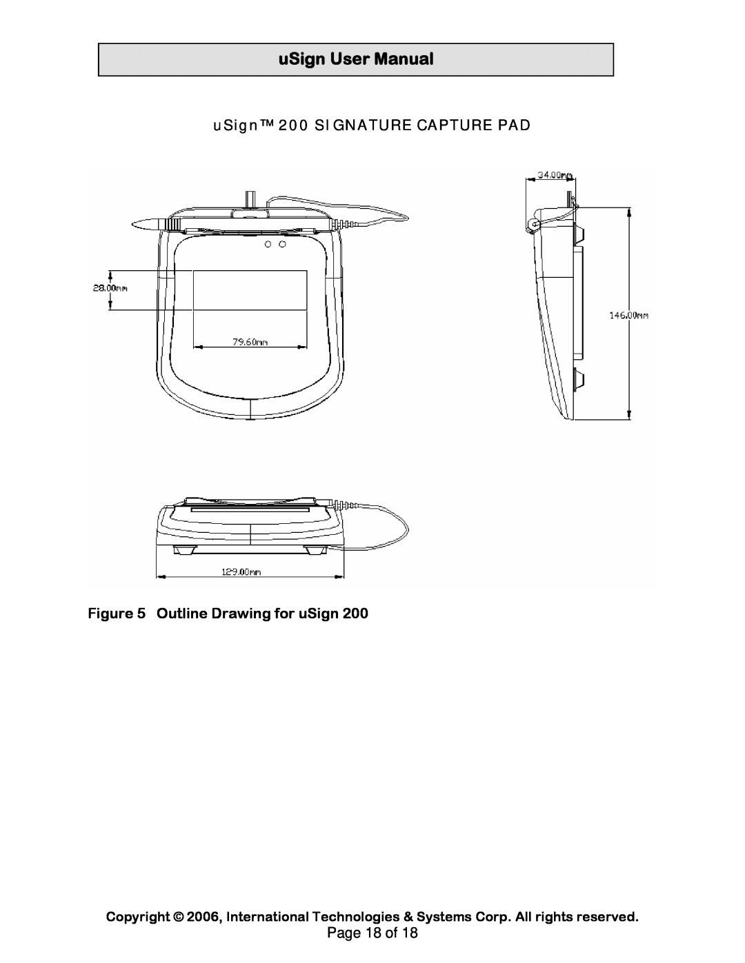 Compaq uSign 100 user manual uSign 200 SIGNATURE CAPTURE PAD, Outline Drawing for uSign, uSignUserManual 